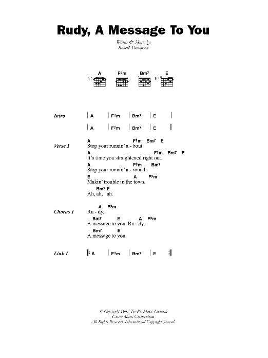 Dandy Livingstone Rudy, A Message To You sheet music notes and chords arranged for Guitar Chords/Lyrics