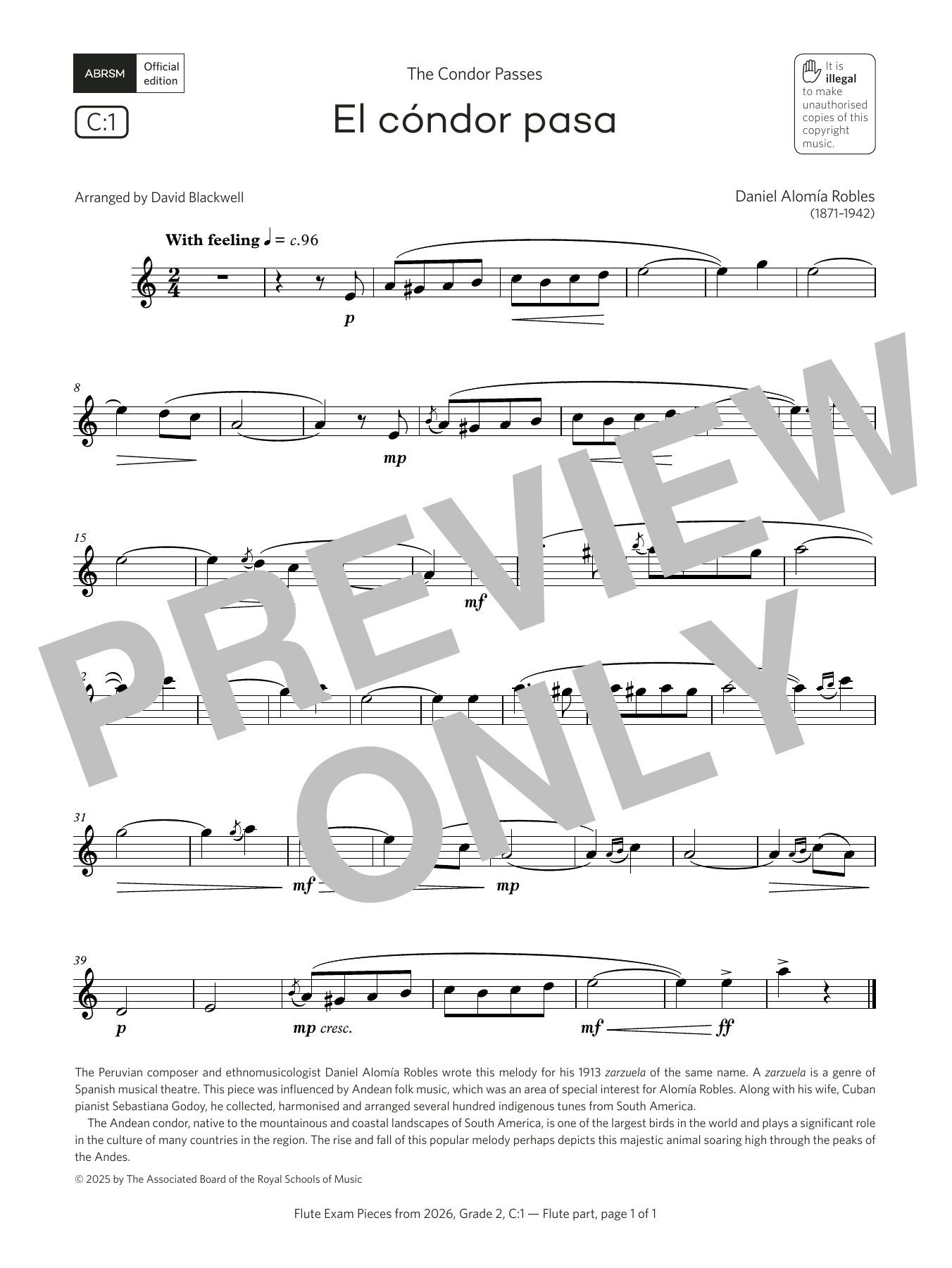 Daniel Alomía Robles El cóndor pasa (Grade 2, list C1, from the ABRSM Flute Syllabus from 2026) sheet music notes and chords arranged for Flute Solo