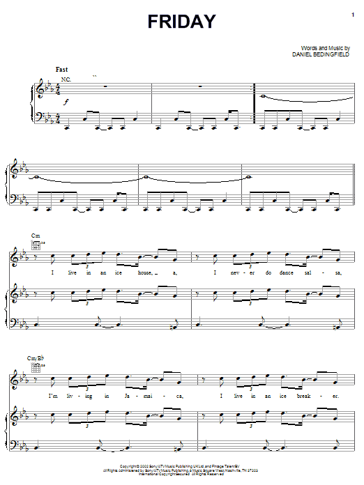 Learn to play Daniel Bedingfield Friday sheet music for Piano, Vocal & Guitar Chords (Right-Hand Melody) in minutes. Price: 7.8900$ Daniel Bedingfield Friday sheet music notes and chords arranged for Piano, Vocal & Guitar Chords (Right-Hand Melody)