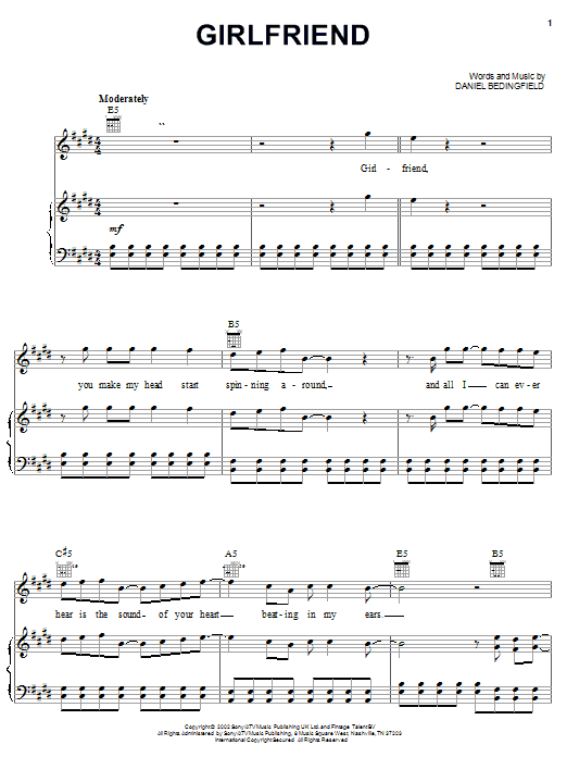 Learn to play Daniel Bedingfield Girlfriend sheet music for Piano, Vocal & Guitar Chords (Right-Hand Melody) in minutes. Price: 7.8900$ Daniel Bedingfield Girlfriend sheet music notes and chords arranged for Piano, Vocal & Guitar Chords (Right-Hand Melody)