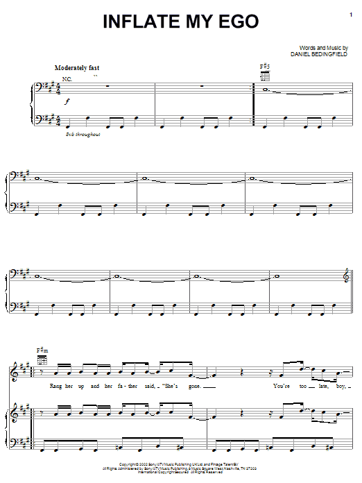 Learn to play Daniel Bedingfield Inflate My Ego sheet music for Piano, Vocal & Guitar Chords (Right-Hand Melody) in minutes. Price: 7.8900$ Daniel Bedingfield Inflate My Ego sheet music notes and chords arranged for Piano, Vocal & Guitar Chords (Right-Hand Melody)