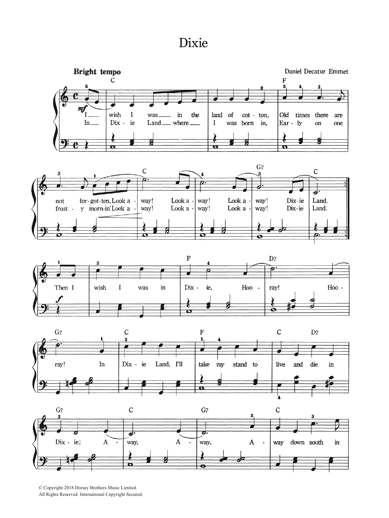 Daniel Decatur Emmett Dixie sheet music notes and chords. Download Printable PDF.