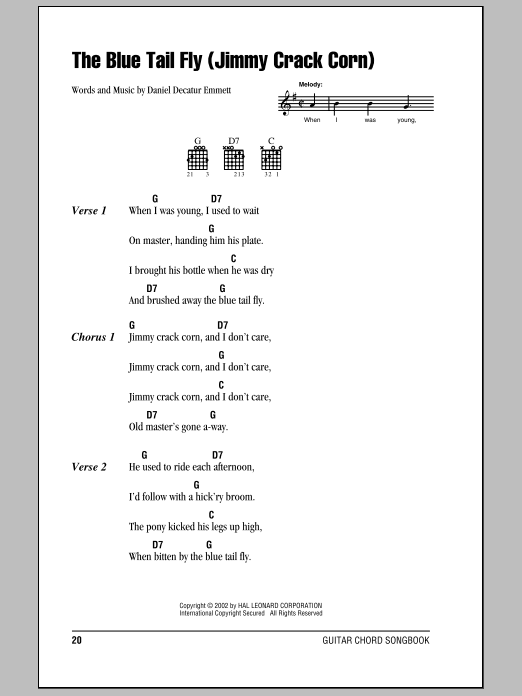 Daniel Decatur Emmett The Blue Tail Fly (Jimmy Crack Corn) sheet music notes and chords. Download Printable PDF.