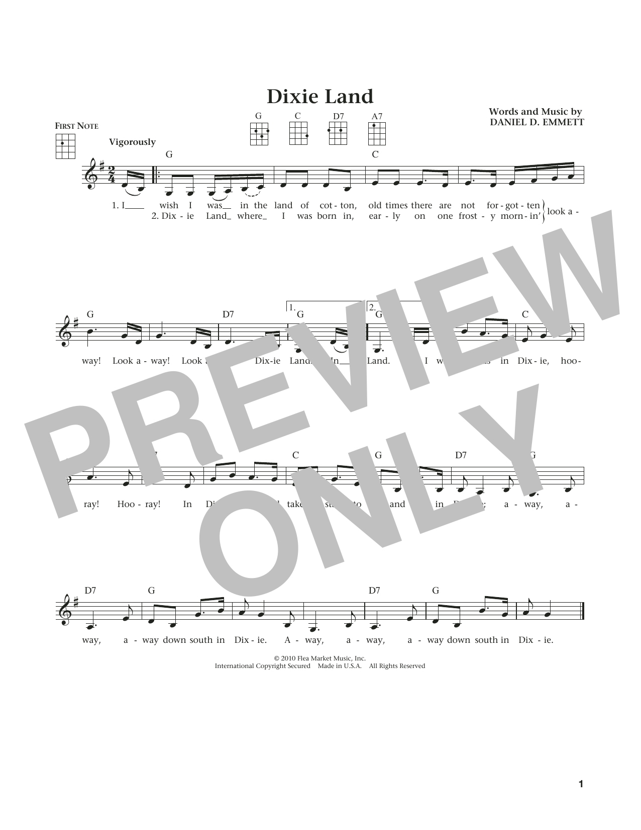 Learn to play Daniel Emmitt Dixie Land (from The Daily Ukulele) (arr. Liz and Jim Beloff) sheet music for Ukulele in minutes. Price: 5.9900$ Daniel Emmitt Dixie Land (from The Daily Ukulele) (arr. Liz and Jim Beloff) sheet music notes and chords arranged for Ukulele