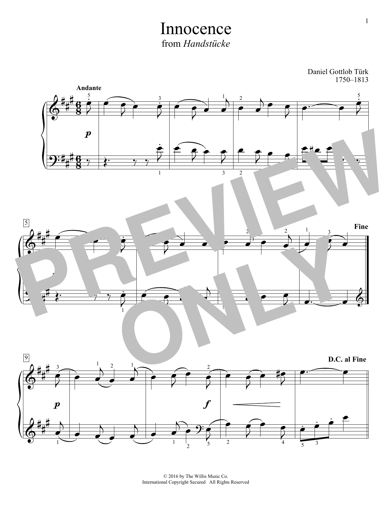 Daniel Gottlob Türk Innocence sheet music notes and chords. Download Printable PDF.