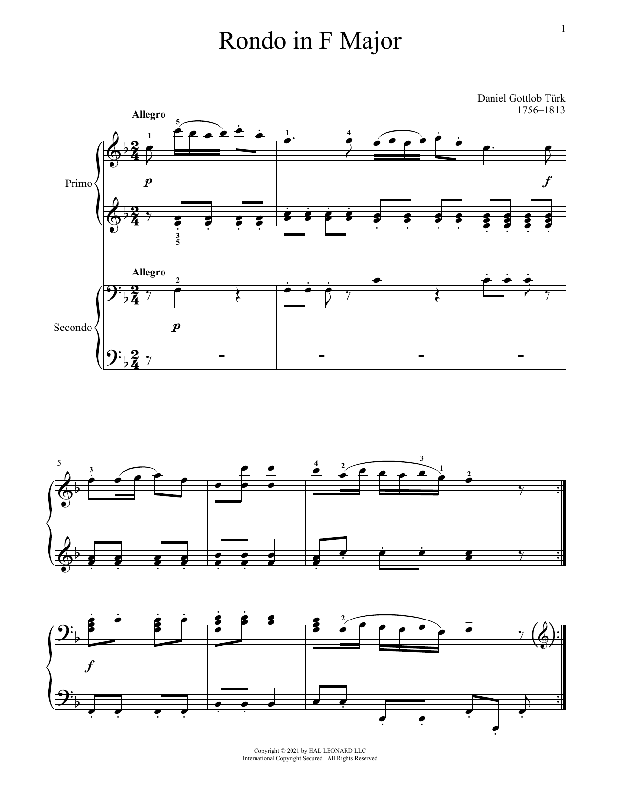 Daniel Gottlob Turk Rondo In F Major sheet music notes and chords. Download Printable PDF.