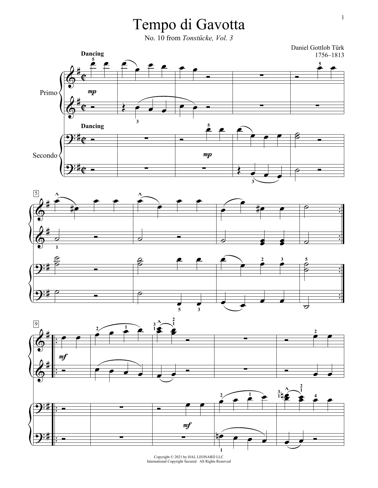 Learn to play Daniel Gottlob Turk Tempo Di Gavotta (From Tonstucke, Vol. 3, No. 10) sheet music for Piano Duet in minutes. Price: 7.8900$ Daniel Gottlob Turk Tempo Di Gavotta (From Tonstucke, Vol. 3, No. 10) sheet music notes and chords arranged for Piano Duet