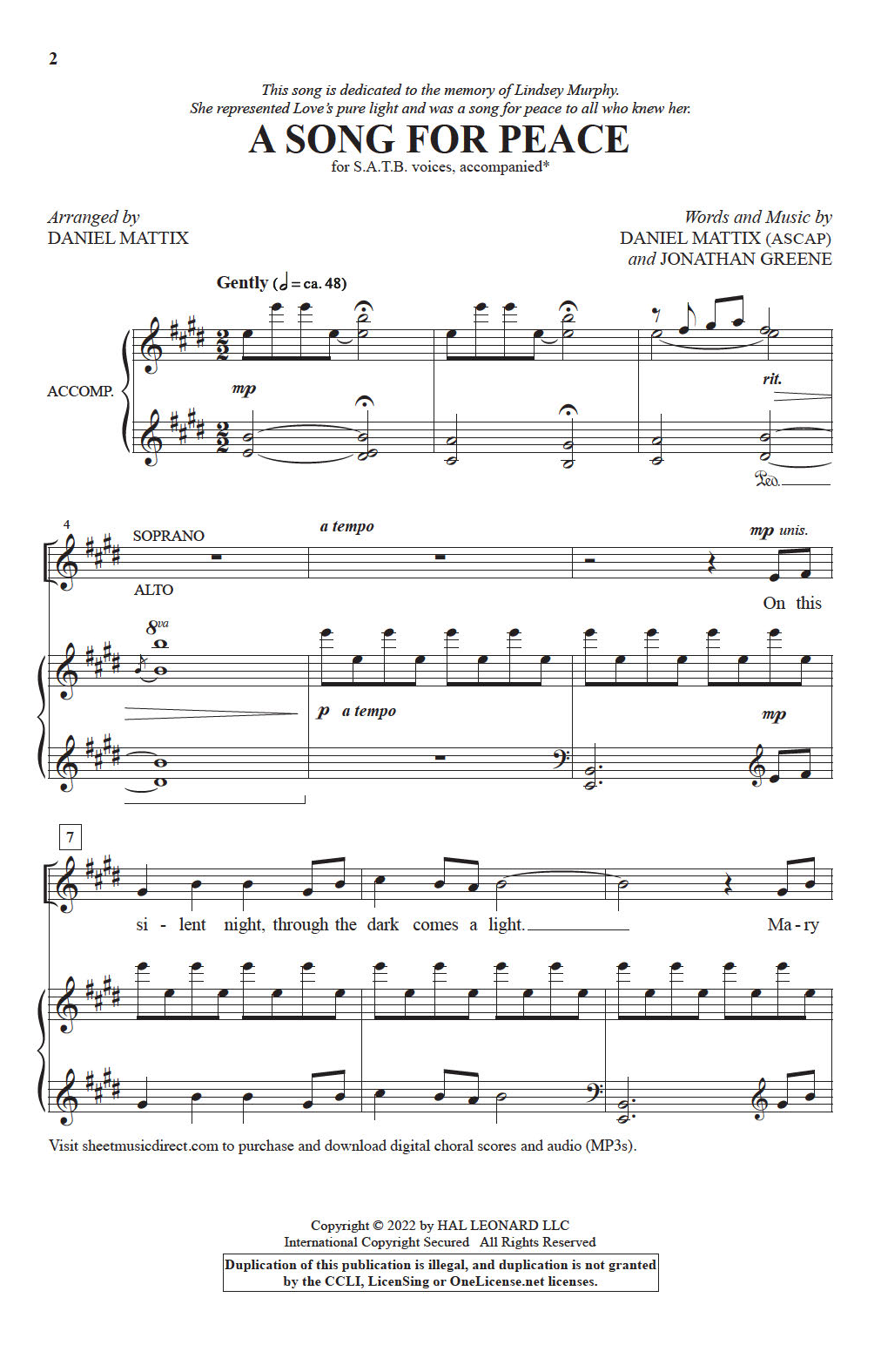 Daniel Mattix and Jonathan Greene A Song For Peace (arr. Daniel Mattix) sheet music notes and chords. Download Printable PDF.