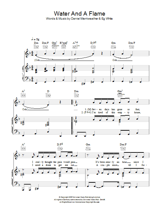 Daniel Merriweather Water And A Flame (feat. Adele) sheet music notes and chords. Download Printable PDF.