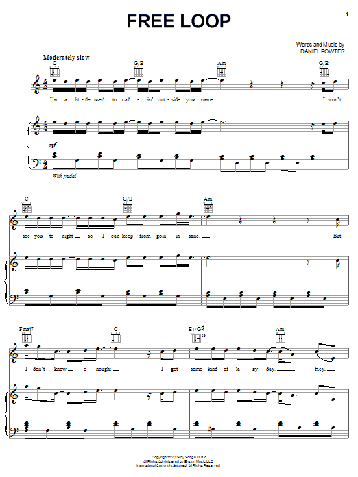 Daniel Powter Free Loop sheet music notes and chords arranged for Piano, Vocal & Guitar Chords (Right-Hand Melody)