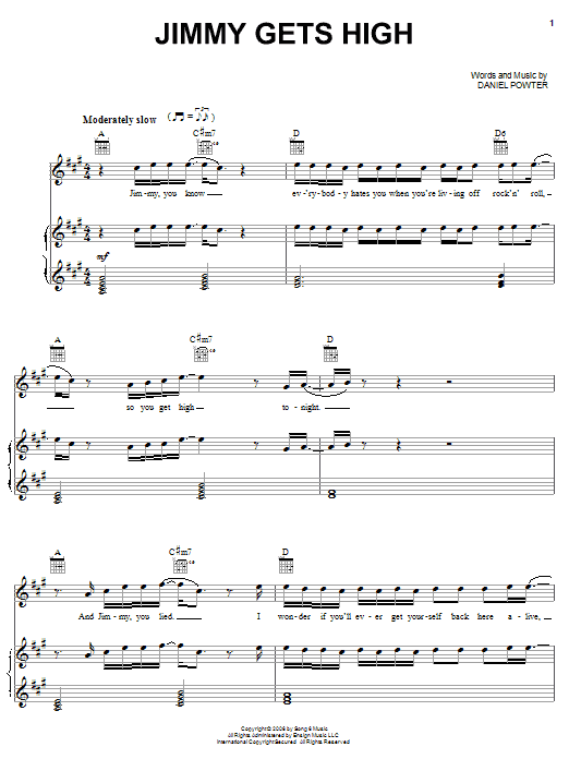 Learn to play Daniel Powter Jimmy Gets High sheet music for Piano, Vocal & Guitar Chords (Right-Hand Melody) in minutes. Price: 7.8900$ Daniel Powter Jimmy Gets High sheet music notes and chords arranged for Piano, Vocal & Guitar Chords (Right-Hand Melody)