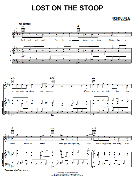 Learn to play Daniel Powter Lost On The Stoop sheet music for Piano, Vocal & Guitar Chords (Right-Hand Melody) in minutes. Price: 7.8900$ Daniel Powter Lost On The Stoop sheet music notes and chords arranged for Piano, Vocal & Guitar Chords (Right-Hand Melody)