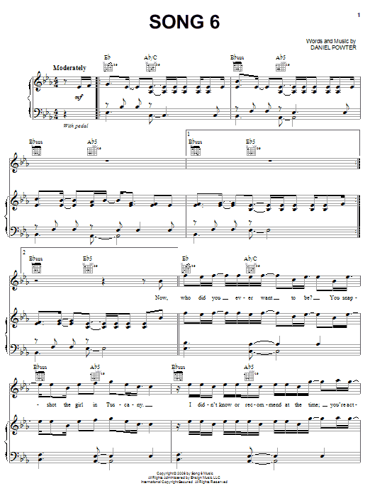 Daniel Powter Song 6 sheet music notes and chords arranged for Piano, Vocal & Guitar Chords (Right-Hand Melody)