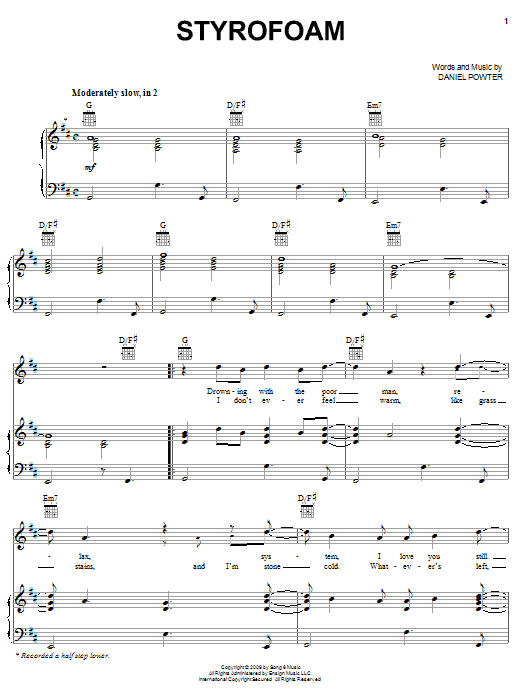 Learn to play Daniel Powter Styrofoam sheet music for Piano, Vocal & Guitar Chords (Right-Hand Melody) in minutes. Price: 7.8900$ Daniel Powter Styrofoam sheet music notes and chords arranged for Piano, Vocal & Guitar Chords (Right-Hand Melody)