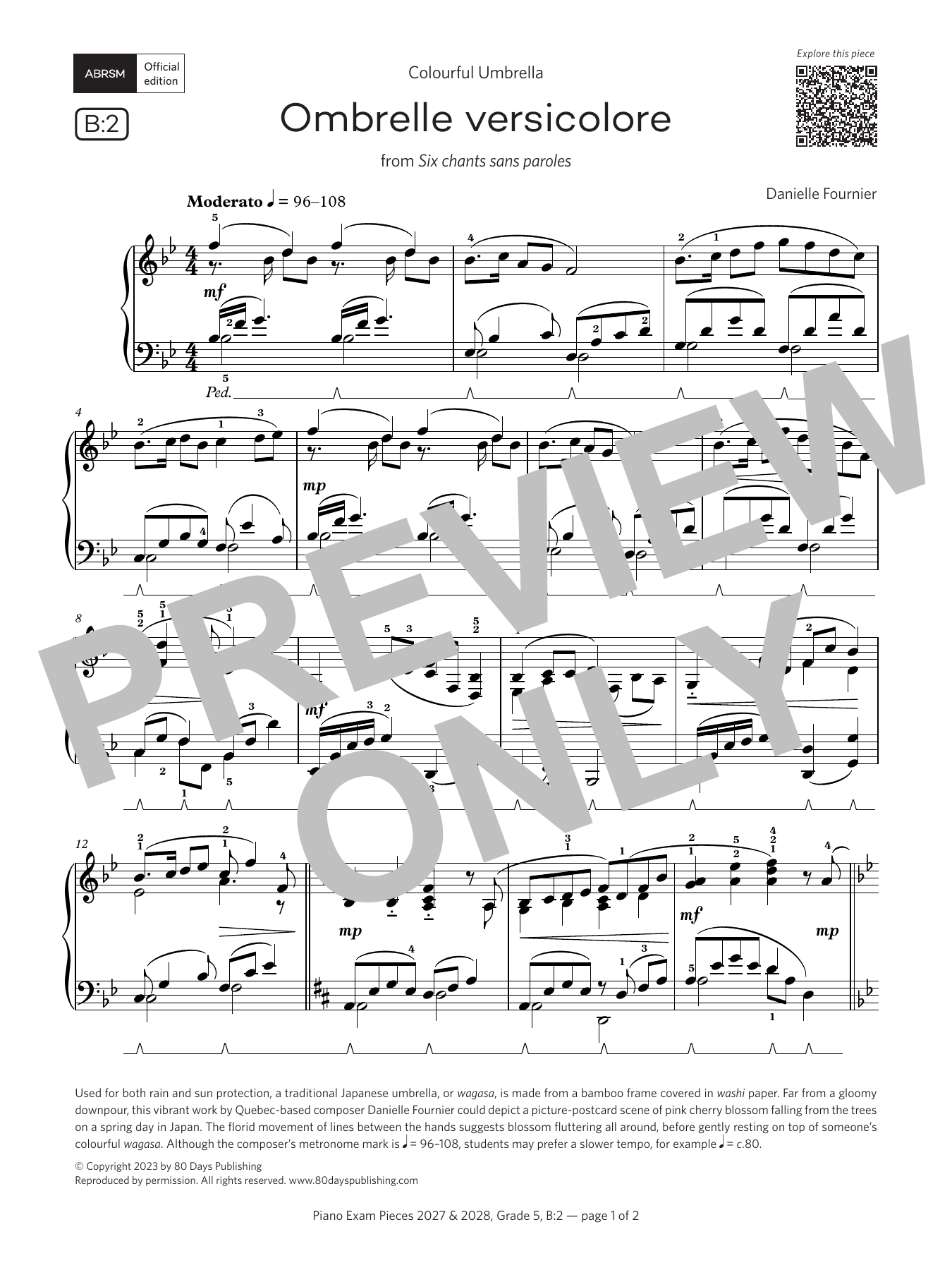 Danielle Fournier Ombrelle versicolore (Grade 5, list B2, from the ABRSM Piano Syllabus 2027 & 2028) sheet music notes and chords arranged for Piano Solo