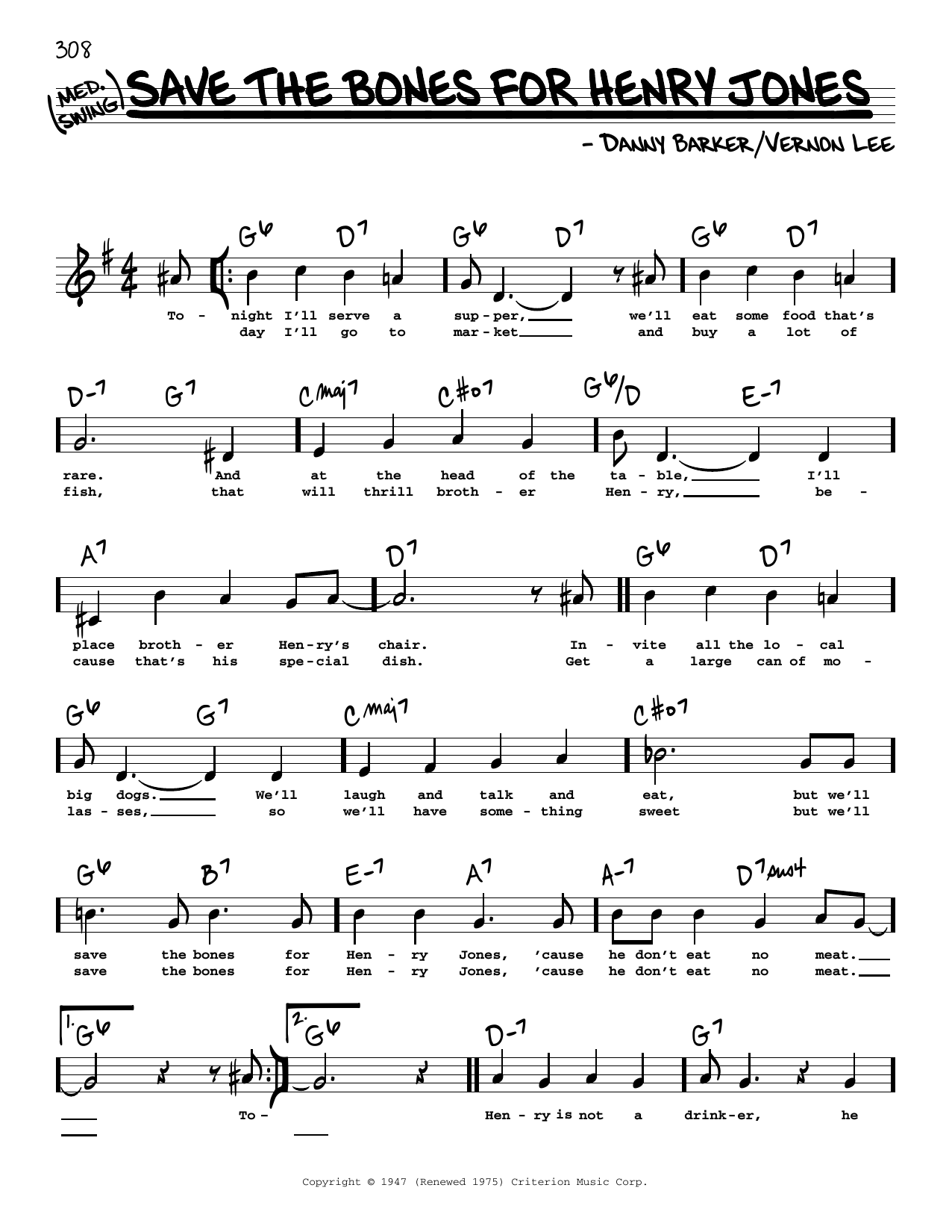 Learn to play Danny Barker Save The Bones For Henry Jones (High Voice) sheet music for Real Book – Melody, Lyrics & Chords in minutes. Price: 5.9900$ Danny Barker Save The Bones For Henry Jones (High Voice) sheet music notes and chords arranged for Real Book – Melody, Lyrics & Chords