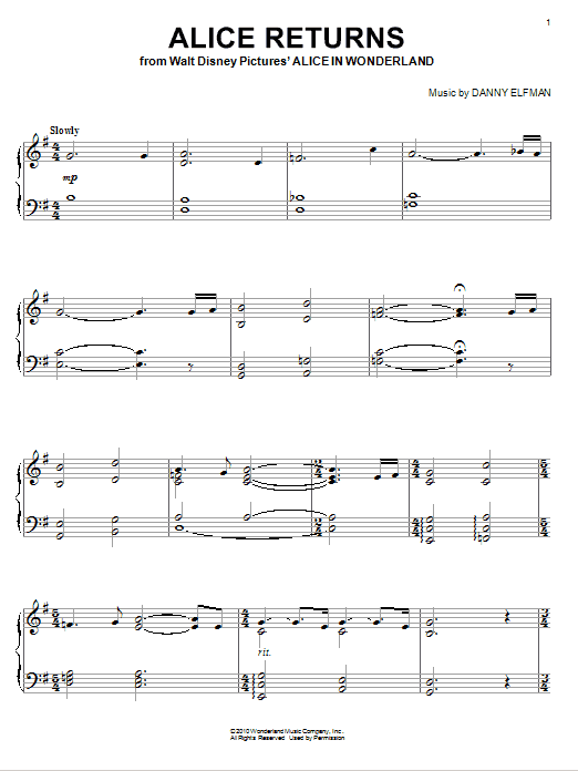 Danny Elfman Alice Returns sheet music notes and chords arranged for Piano Solo
