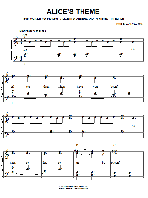 Learn to play Danny Elfman Alice's Theme sheet music for Easy Piano in minutes. Price: 6.9900$ Danny Elfman Alice's Theme sheet music notes and chords arranged for Easy Piano