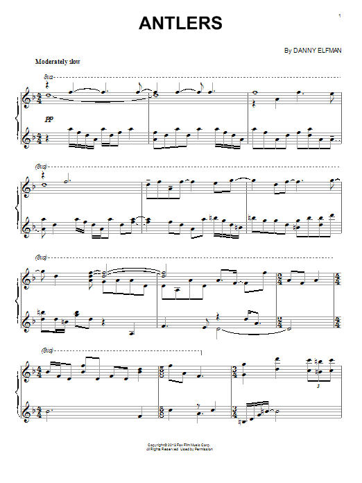 Learn to play Danny Elfman Antlers sheet music for Piano Solo in minutes. Price: 7.8900$ Danny Elfman Antlers sheet music notes and chords arranged for Piano Solo