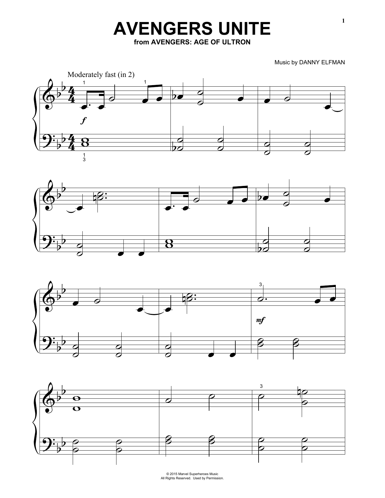 Danny Elfman Avengers Unite (from Avengers: Age Of Ultron) sheet music notes and chords. Download Printable PDF.