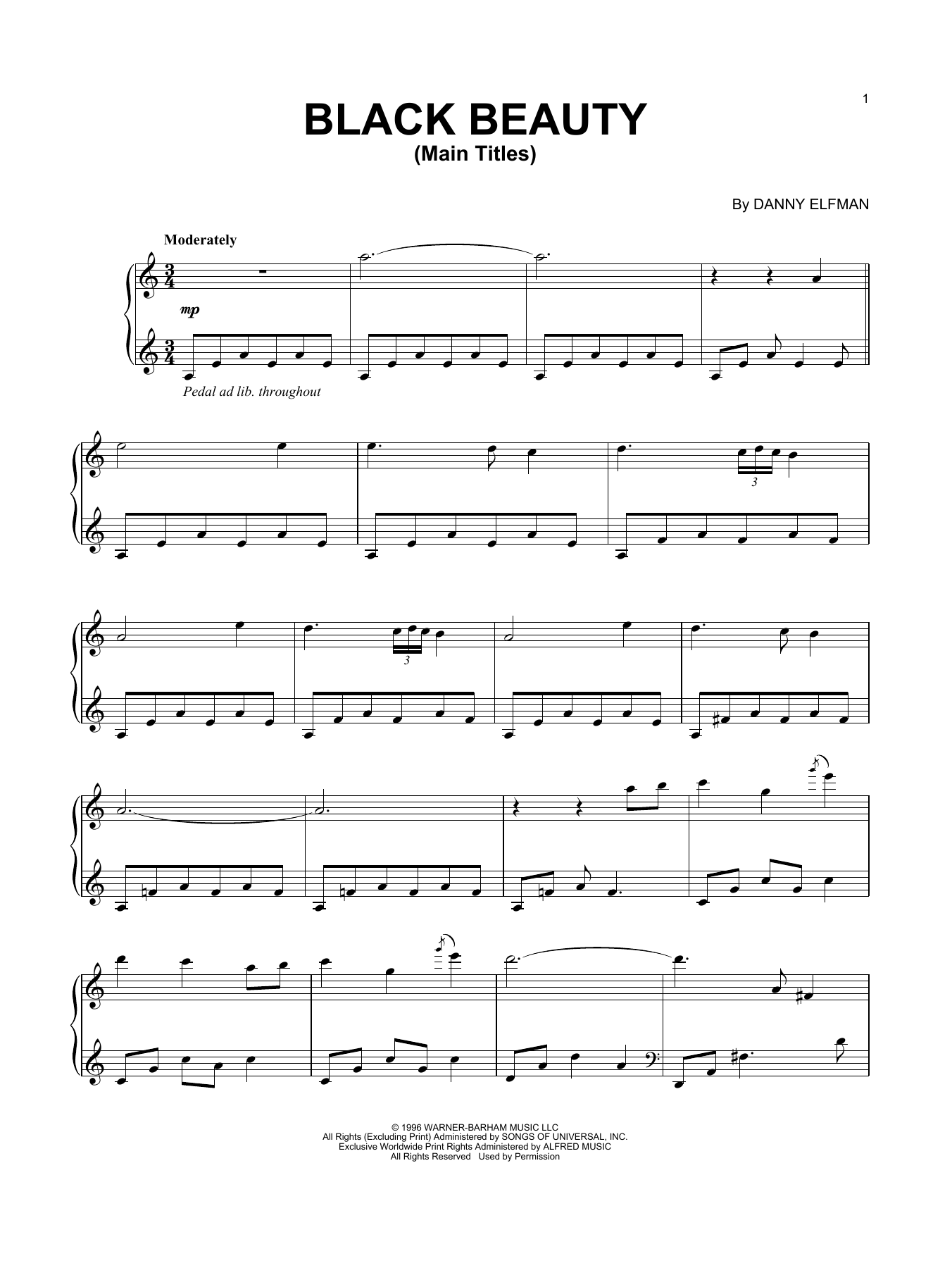 Danny Elfman Black Beauty (Main Titles) sheet music notes and chords. Download Printable PDF.