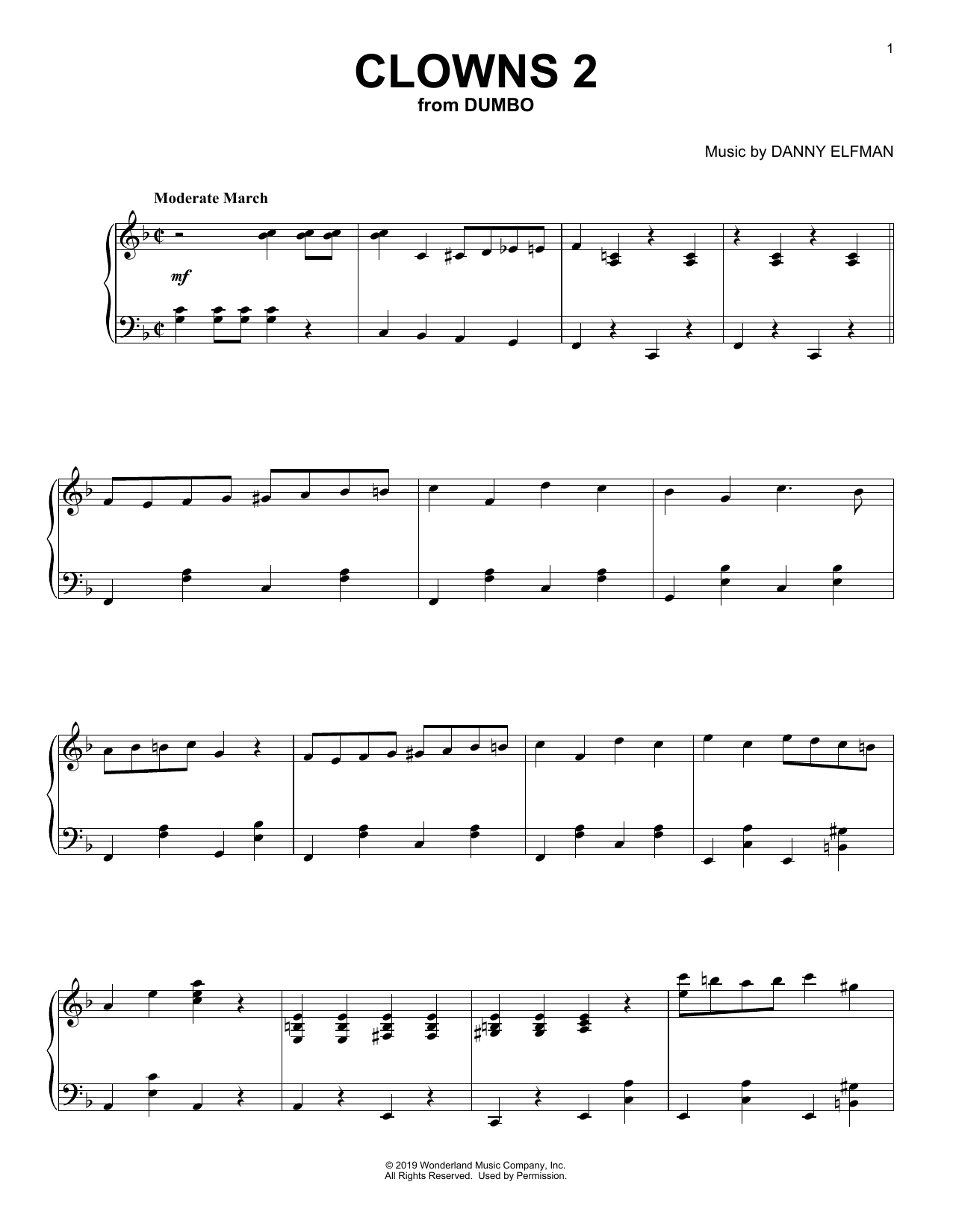Learn to play Danny Elfman Clowns 2 (from the Motion Picture Dumbo) sheet music for Piano Solo in minutes. Price: 7.8900$ Danny Elfman Clowns 2 (from the Motion Picture Dumbo) sheet music notes and chords arranged for Piano Solo