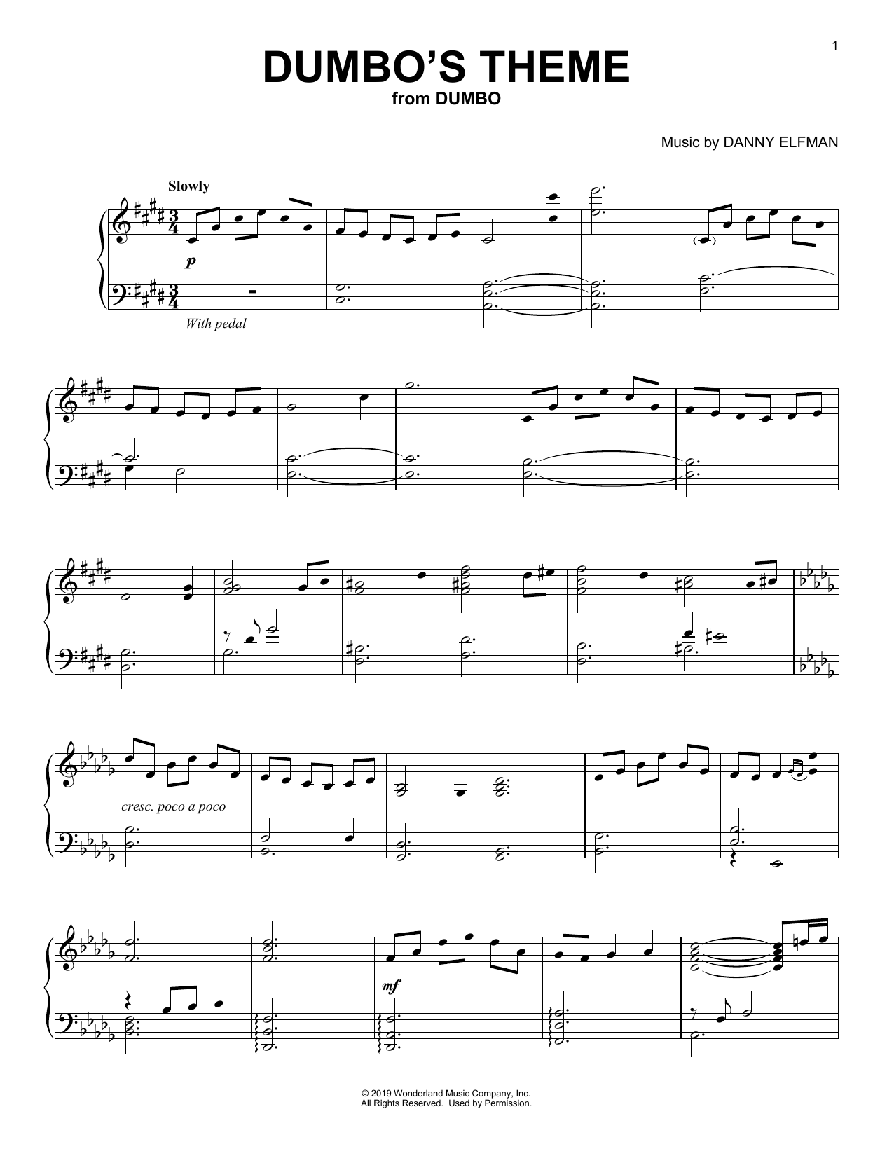 Learn to play Danny Elfman Dumbo's Theme (from the Motion Picture Dumbo) sheet music for Piano Solo in minutes. Price: 7.8900$ Danny Elfman Dumbo's Theme (from the Motion Picture Dumbo) sheet music notes and chords arranged for Piano Solo