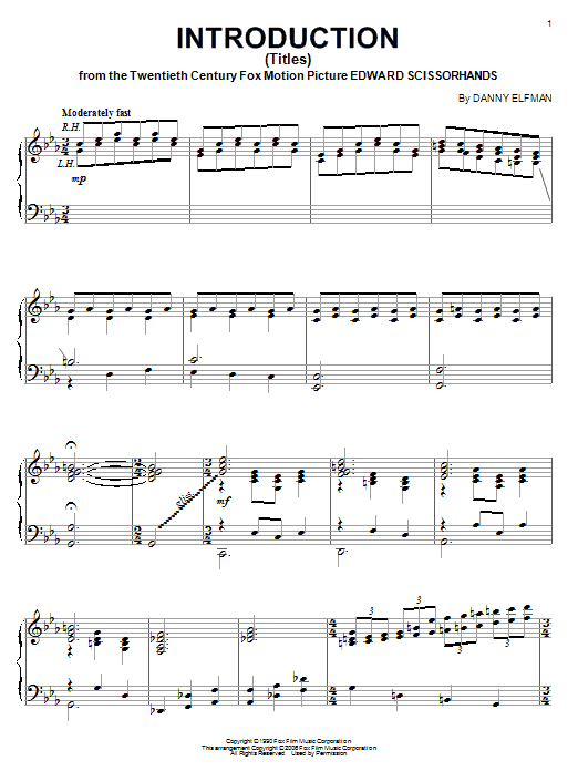 Learn to play Danny Elfman Introduction (Titles) (from Edward Scissorhands) sheet music for Piano Solo in minutes. Price: 7.8900$ Danny Elfman Introduction (Titles) (from Edward Scissorhands) sheet music notes and chords arranged for Piano Solo