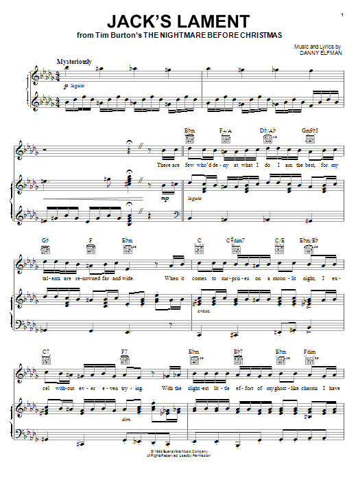 Danny Elfman Jack's Lament (from The Nightmare Before Christmas) sheet music notes and chords. Download Printable PDF.