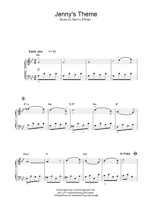 Learn to play Danny Elfman Jenny's Theme (from Big Fish) sheet music for Piano, Vocal & Guitar Chords in minutes. Price: 7.8900$ Danny Elfman Jenny's Theme (from Big Fish) sheet music notes and chords arranged for Piano, Vocal & Guitar Chords