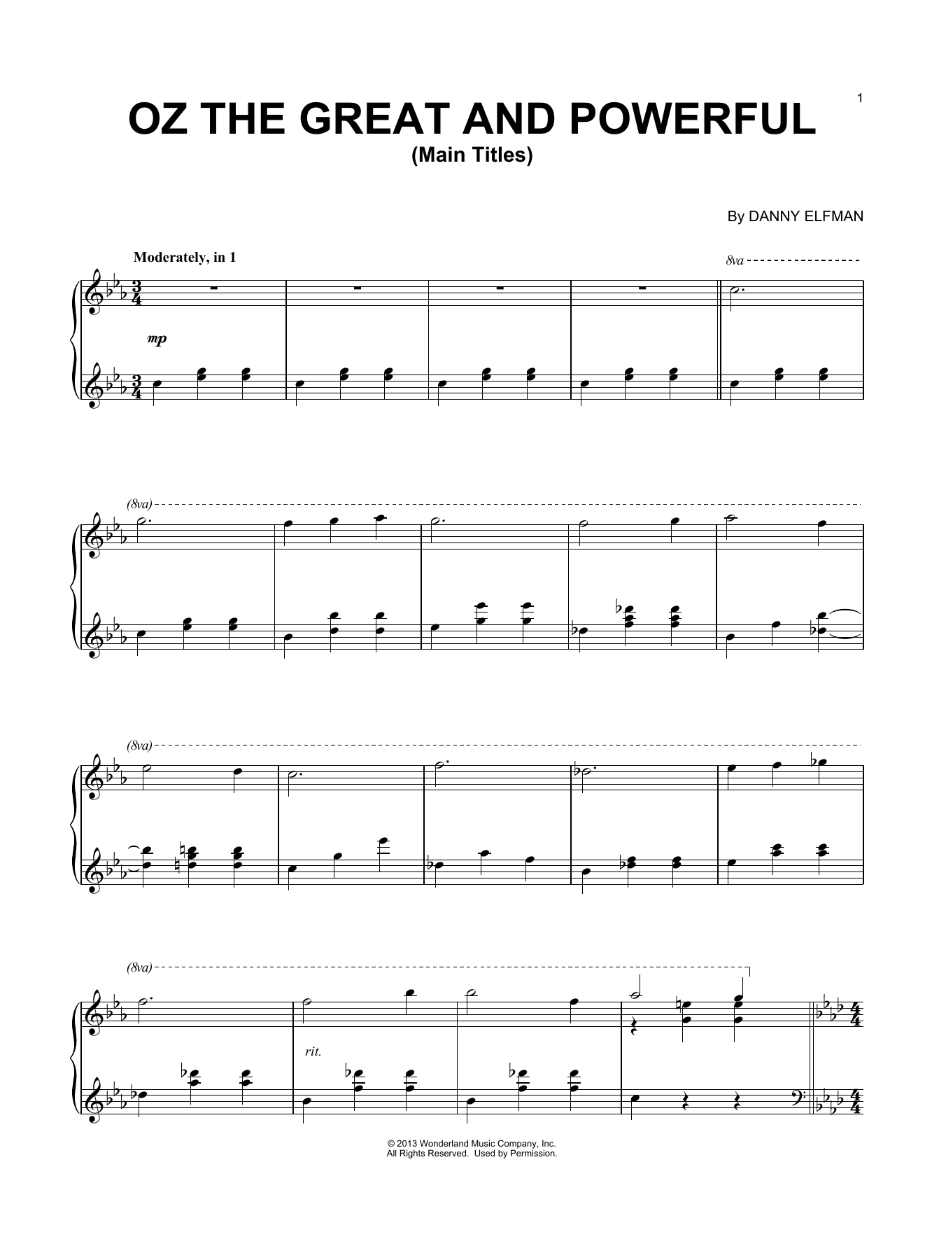 Danny Elfman Main Titles (from Oz the Great and Powerful) sheet music notes and chords arranged for Piano Solo
