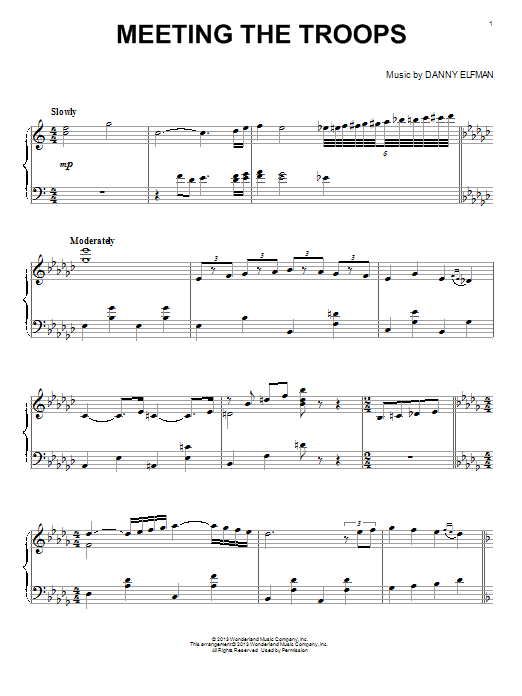 Learn to play Danny Elfman Meeting The Troops sheet music for Piano Solo in minutes. Price: 7.8900$ Danny Elfman Meeting The Troops sheet music notes and chords arranged for Piano Solo