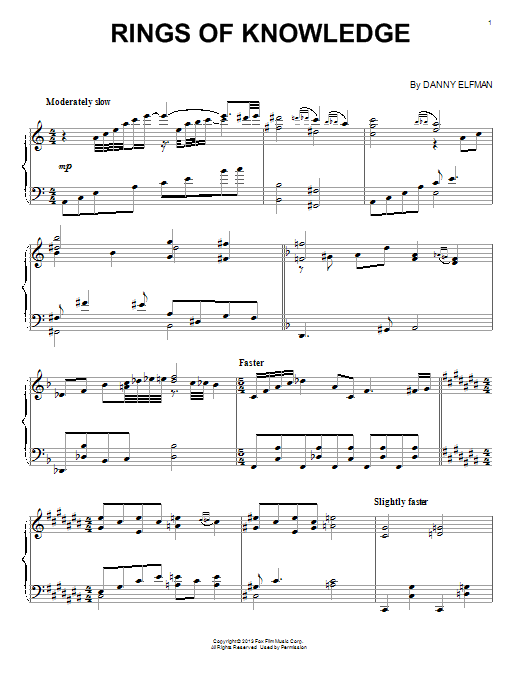 Learn to play Danny Elfman Rings Of Knowledge sheet music for Piano Solo in minutes. Price: 7.8900$ Danny Elfman Rings Of Knowledge sheet music notes and chords arranged for Piano Solo