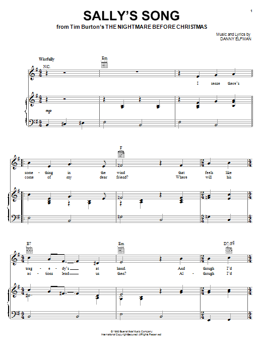 Danny Elfman Sally's Song (from The Nightmare Before Christmas) sheet music notes and chords. Download Printable PDF.