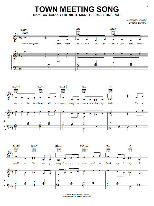 Danny Elfman Town Meeting Song (from The Nightmare Before Christmas) sheet music notes and chords arranged for Piano, Vocal & Guitar Chords (Right-Hand Melody)