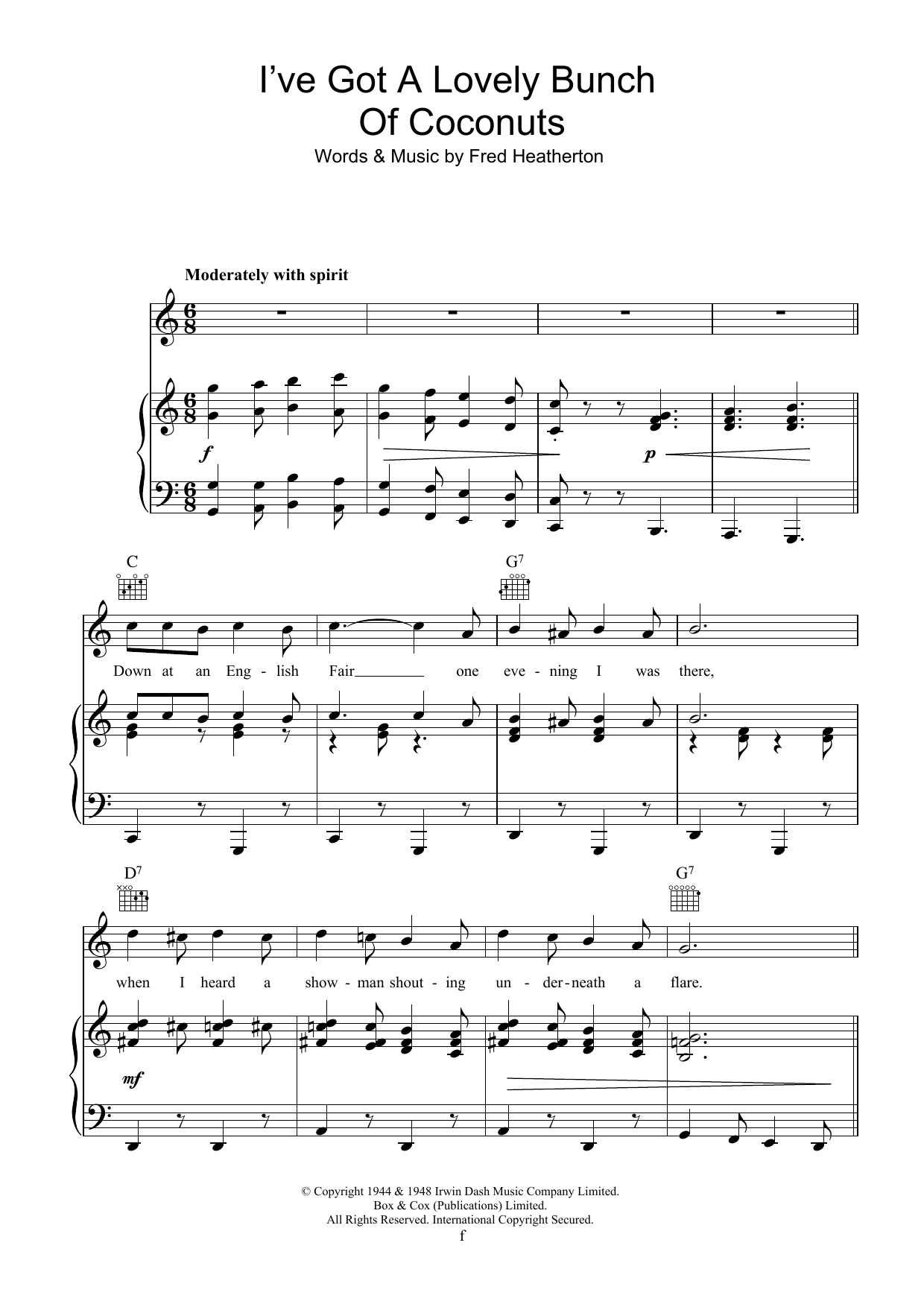 Learn to play Danny Kaye I've Got A Lovely Bunch Of Coconuts sheet music for Piano, Vocal & Guitar Chords in minutes. Price: 7.8900$ Danny Kaye I've Got A Lovely Bunch Of Coconuts sheet music notes and chords arranged for Piano, Vocal & Guitar Chords
