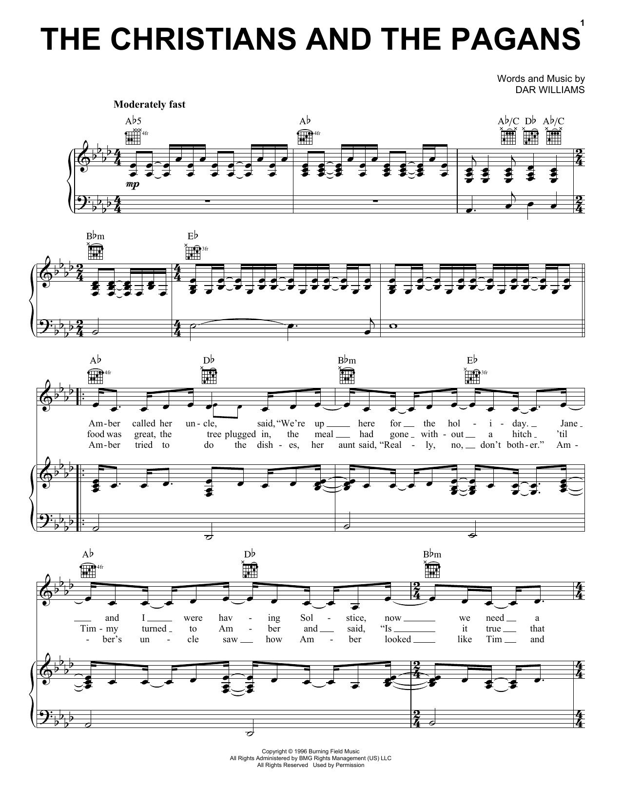Learn to play Dar Williams The Christians And The Pagans sheet music for Piano, Vocal & Guitar Chords (Right-Hand Melody) in minutes. Price: 7.8900$ Dar Williams The Christians And The Pagans sheet music notes and chords arranged for Piano, Vocal & Guitar Chords (Right-Hand Melody)