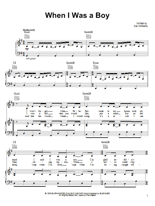 Learn to play Dar Williams When I Was A Boy sheet music for Piano, Vocal & Guitar Chords (Right-Hand Melody) in minutes. Price: 7.8900$ Dar Williams When I Was A Boy sheet music notes and chords arranged for Piano, Vocal & Guitar Chords (Right-Hand Melody)