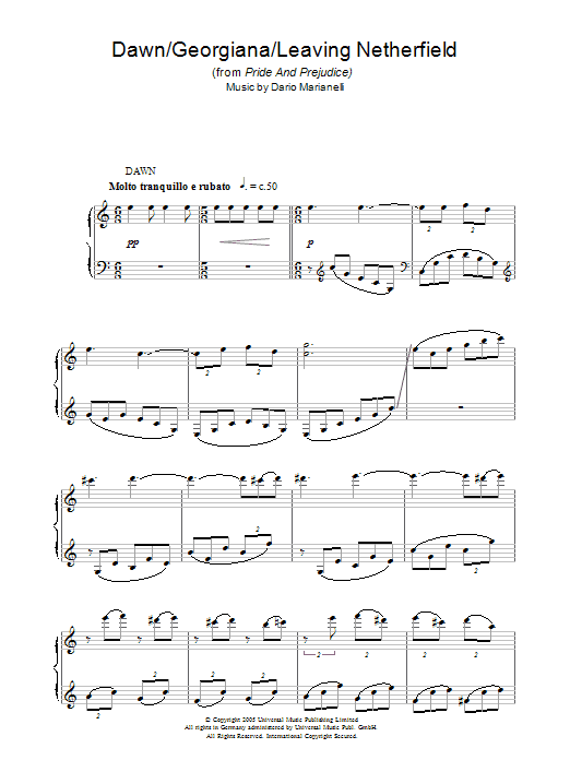 Dario Marianelli Dawn/Georgiana (theme from Pride And Prejudice) sheet music notes and chords. Download Printable PDF.