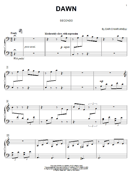 Learn to play Dario Marianelli Dawn sheet music for Piano Duet in minutes. Price: 7.8900$ Dario Marianelli Dawn sheet music notes and chords arranged for Piano Duet