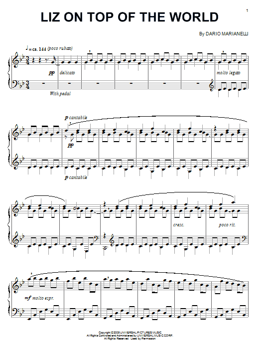Learn to play Dario Marianelli Liz On Top Of The World sheet music for Piano Solo in minutes. Price: 7.8900$ Dario Marianelli Liz On Top Of The World sheet music notes and chords arranged for Piano Solo