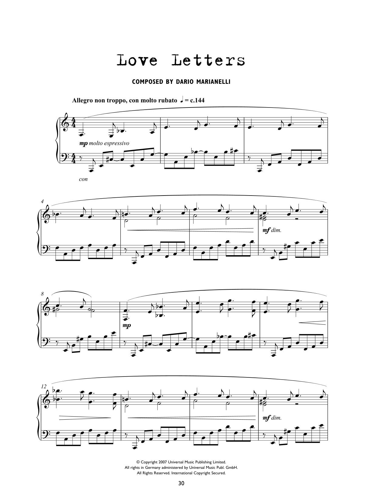 Learn to play Dario Marianelli Love Letters (from Atonement) sheet music for Piano Solo in minutes. Price: 7.8900$ Dario Marianelli Love Letters (from Atonement) sheet music notes and chords arranged for Piano Solo