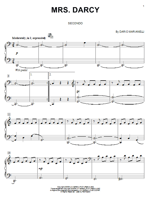 Learn to play Dario Marianelli Mrs. Darcy sheet music for Piano Duet in minutes. Price: 7.8900$ Dario Marianelli Mrs. Darcy sheet music notes and chords arranged for Piano Duet