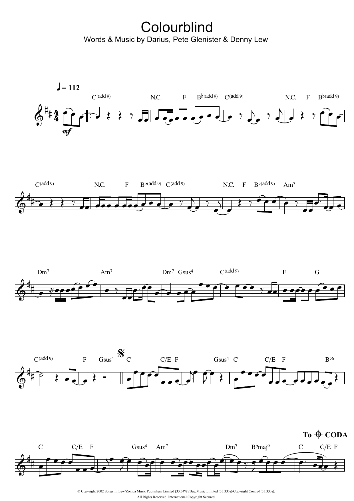 Darius Colourblind sheet music notes and chords arranged for Flute Solo