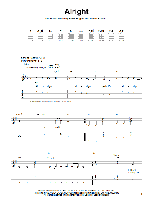 Darius Rucker Alright sheet music notes and chords. Download Printable PDF.