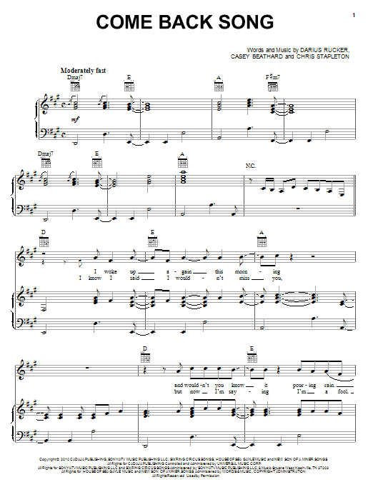 Learn to play Darius Rucker Come Back Song sheet music for Piano, Vocal & Guitar Chords (Right-Hand Melody) in minutes. Price: 7.8900$ Darius Rucker Come Back Song sheet music notes and chords arranged for Piano, Vocal & Guitar Chords (Right-Hand Melody)
