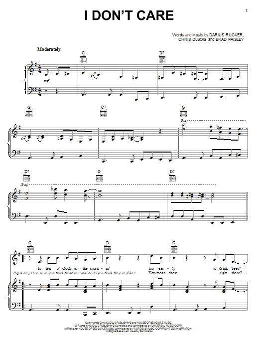 Learn to play Darius Rucker I Don't Care sheet music for Piano, Vocal & Guitar Chords (Right-Hand Melody) in minutes. Price: 7.8900$ Darius Rucker I Don't Care sheet music notes and chords arranged for Piano, Vocal & Guitar Chords (Right-Hand Melody)