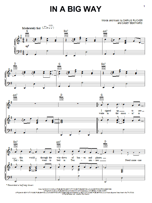 Learn to play Darius Rucker In A Big Way sheet music for Piano, Vocal & Guitar Chords (Right-Hand Melody) in minutes. Price: 7.8900$ Darius Rucker In A Big Way sheet music notes and chords arranged for Piano, Vocal & Guitar Chords (Right-Hand Melody)