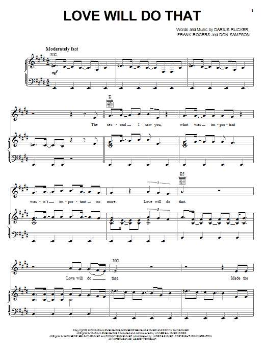 Learn to play Darius Rucker Love Will Do That sheet music for Piano, Vocal & Guitar Chords (Right-Hand Melody) in minutes. Price: 7.8900$ Darius Rucker Love Will Do That sheet music notes and chords arranged for Piano, Vocal & Guitar Chords (Right-Hand Melody)