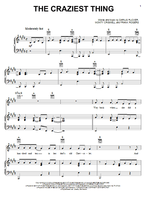 Learn to play Darius Rucker The Craziest Thing sheet music for Piano, Vocal & Guitar Chords (Right-Hand Melody) in minutes. Price: 7.8900$ Darius Rucker The Craziest Thing sheet music notes and chords arranged for Piano, Vocal & Guitar Chords (Right-Hand Melody)